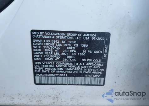 2022 Volkswagen Atlas Cross Sport 3.6L V6 Se W/Technology z USA, uszkodzony, nr VIN 1V2KE2CAXNC213911